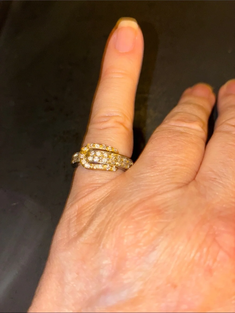 Gold-Tone Buckle Stretch Ring with Clear Pavé Crystals